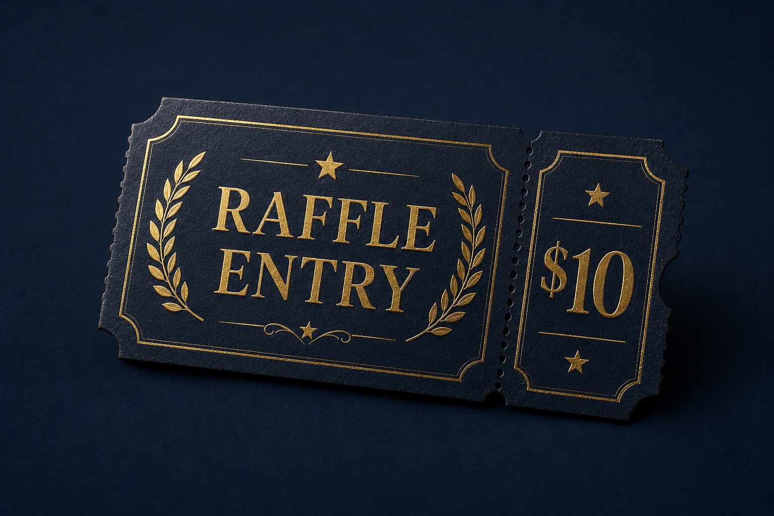Realistic navy cardstock raffle ticket with gold lettering and a ten-dollar detachable stub